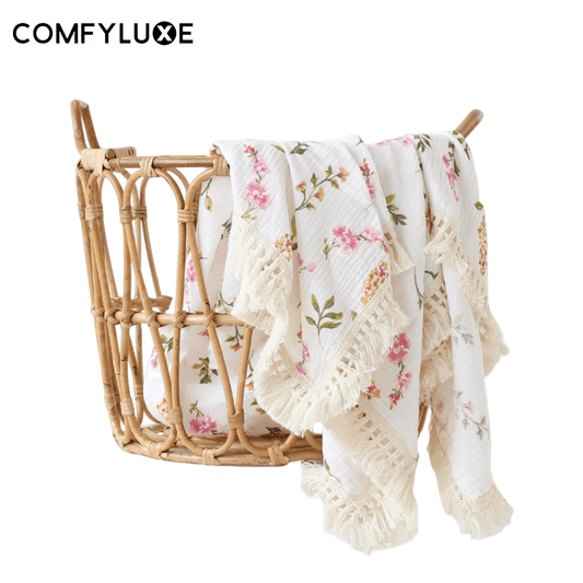 120x100cm-100% Cotton Tassel Muslin Baby Blanket with Tassel - For Newborns, Diaper Swaddling, and Baby Toweling - ComfyLuxe