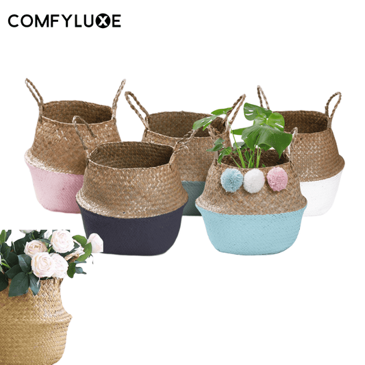 Foldable Handmade Natural Seagrass Woven Storage Basket - Perfect for Laundry/Clothes/Plants/Garden - ComfyLuxe