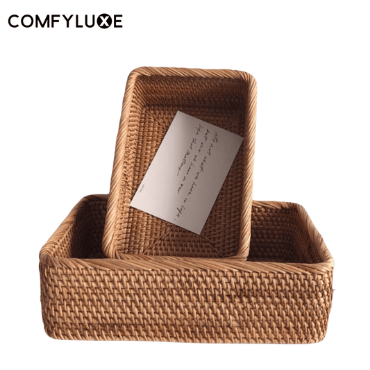 Hand-woven Rattan Rectangular Storage Box Household Kitchen Supplies Fruit Tea Snack Bread Basket Cosmetic - ComfyLuxe
