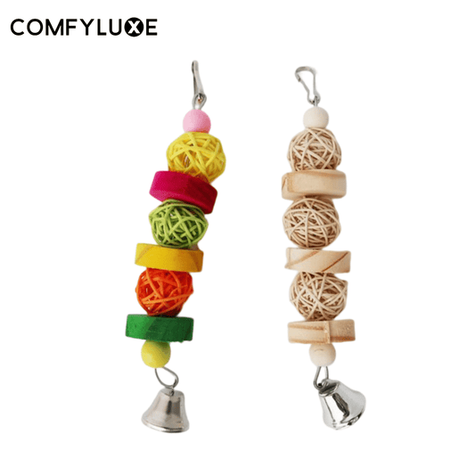 Bird Chew Toy And Entertainment Toy Made With Natural Wood Blocks Rattan Ball - ComfyLuxe